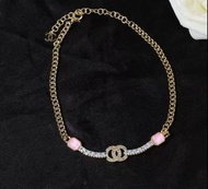 CHANEL 粉鑽雙C頸鏈 金色粗鏈條設計 方糖寶石