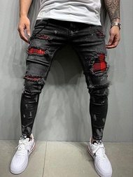 Men's Skinny Ripped Jeans Fashion Grid Beggar Patches Slim Fit Stretch Casual Denim Pencil Pants Painting Jogging Trousers Men