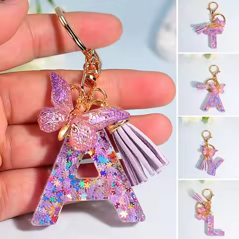 1 PCS Cute A To Z 26 Alphabet Keyring Creative Purple Snowflakes Letter Keychain Funny Butterfly Bac
