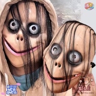 Clown mask with mysterious smile, long hair, Halloween outfit.