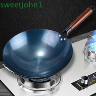 SWEETJOHN Iron Pot, Anti-scalding Round Bottom Chinese Traditional Iron Wok, Kitchen Cookware Uncoated Lightweight Wooden Handle Frying Pan Restaurant