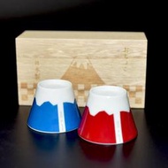 日本富士山 赤青對杯 日本製 附木盒