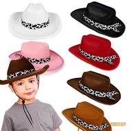 KIDSUP-Western Cowgirl Hat for Kids Girl Boy Wide Brim Felt Vintage Fedora Cap with Cow Print Decora