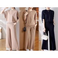 Batwing Sleeve Top&Garter Loose Wide Leg Pants Oversize Knitted Terno Set