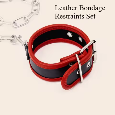 Leather Bondage Restraints Set – Metal Chain Hand & Ankle Cuffs with Neck Collar for BDSM Couples Pl