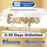 Europe eSIM Ultimate 3-30Days Daily 2GB/4GB/Unlimited Data | Instand 24h Email Delivery | Turbo Data Speed Europe SIM Card