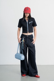 Set Áo Denim Ngắn Tay Phối Khoá Xanh và Quần Denim Xanh Ống Rộng - HOO DESIGN