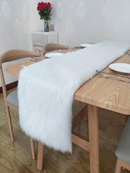 1入組毛絨桌布聖誕桌布裝飾桌旗白色毛絨聖誕桌旗白色鬆軟餐桌裝飾