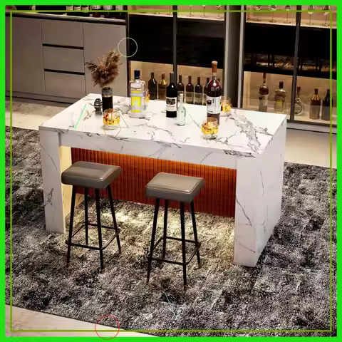 63" Large Imitation Marble Dining Table with LED Lights, Modern Stripes Design for 4-7 People, Kitch