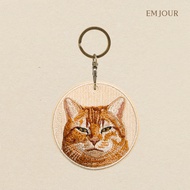 EMJOUR Double-Sided Embroidered Charm-Squinting Orange Cat | Pet Souvenir Gift Key Ring Bag Accessor