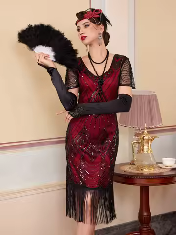 Flapper Dresses for Women Short Sleeve 1920s Dresses Great Gatsby Dresses for Women Roaring 20s Cost