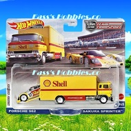 HOT WHEELS™ PREMIUM TEAM TRANSPORT PORSCHE 962 SHELL YELLOW SAKURA SPRINTER SHELL #45 RUBBER TYRE