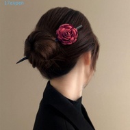 EXPEN Wooden Hair Stick, Wine Red Chinese Style Hanfu Hairpin, Retro Hair Sticks for Buns Hair Accessories Simulated Flowers Rose Flower Hair Clip Girl