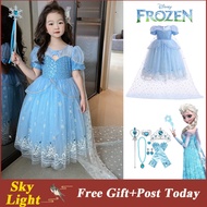 Frozen Elsa Blue Dress For Kids Girl Mesh Short Sleeve Girls Gown Cape Kids Wear Halloween Costume OOTD Terno For Kid Girl