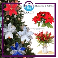 5head Red Poinsettia & Red Cherry , Christmas Flower 5 Head Per Bouquet / Christmas Flower