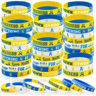 60 Pcs Down Syndrome Silicone Wristband Bracelets Blue Yellow Ribbon Awareness Bracelets Ehlers Danl