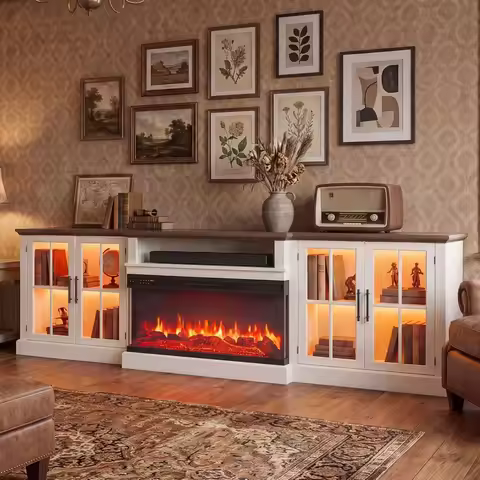 98" Farmhouse TV Stand with 36" Fireplace,Media Entertainment Center with Fireplace,Adjustable Shelv