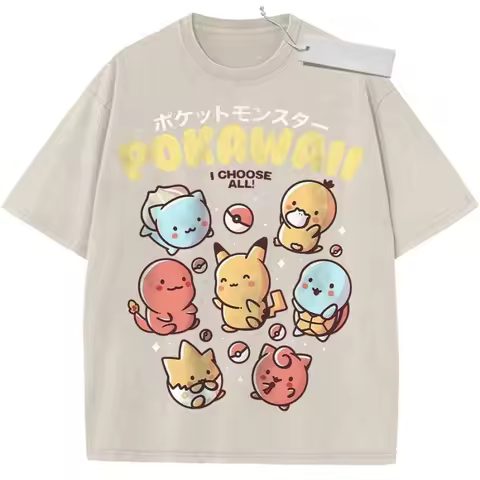 Women's Vintage Washed Pokemon T Shirt Cream Kawaii Pikachu Graphic Oversized Streetwear Anime Tee f