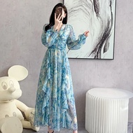 Elegant Long Sleeve Chiffon Ruffle Edge Dress 2323 แฟชั่นคลาสสิก V คอพิมพ์ชุดผู้หญิงสวมใส่กลางแจ้ง