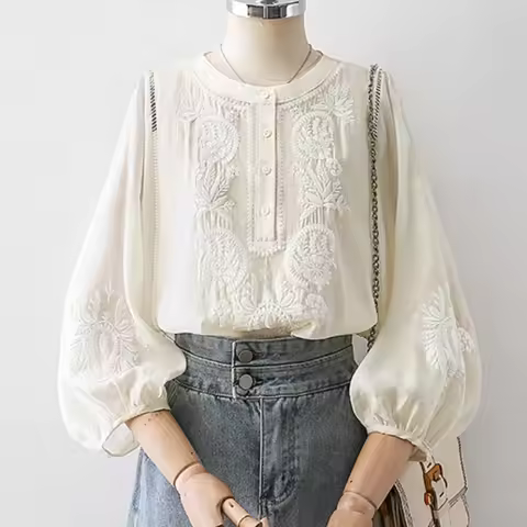 Oversize Loose seven quarter sleeved Blouses Shirts For Women Tops Summer Floral Embroidery Beige Co