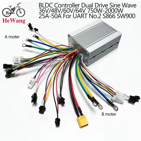 350W-2000W BLDC Controller Dual Drive Sine Wave Ebike Controller 25A*2 36V/48V/60V/64V For SW900, S8