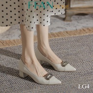 Giày cao gót nữ đế vuông mũi nhọn [da thật] mềm mại FFAN STORE bít mũi 5 phân đính đá LG4 màu đen tr