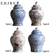 [EHJRE] Ginger Jar Ceramic Ginger Jar Vase with Lid Porcelain Jar Decor Bud Vase Chinese Blue White 