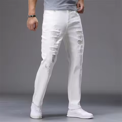 97% Cotton White Stretch Jeans Men's Hip Hop Ripped Hole Denim Pants Streetwear Fashion Slim Y2K Roc