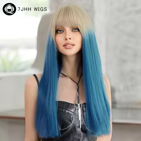 7JHH WIGS Long Straight Ombre Blue Blonde Wig for Women Daily Party Synthetic Soft Wigs with Bangs A