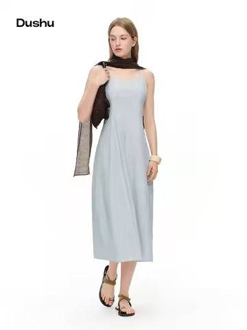 DUSHU 2026 Summer Women's French-Inspired Minimalist Spaghetti Strap Dress Bloom Hem - Casual Style 