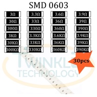 Resistor SMD 0603 3ohm, 3.3ohm, 3.6ohm, 3.9ohm, 30ohm, 33ohm, 360ohm, 300Kohm, 330Kohm, 360Kohm, 390