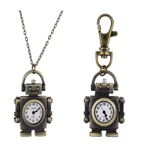 Fashionable Style Antique Vintage Quartz Robot Shape Pocket Watch Case Pendant Necklace Chain Exquis