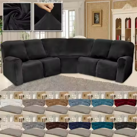 7-Piece 5 Seater L Shape Velvet Stretch Recliner Corner Sofa Covers for Sectional Sofa Set Reclining