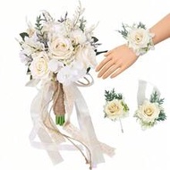 3pcs Ivory Wedding Bouquets For Bride Bridesmaid With Corsage And Boutonniere Set, 10 Inch White Cha