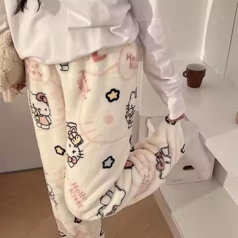 Sanrio Hello Kitty Women's Pajama Pants Kawaii Cartoon Winter Sleeping Pant Flannel Sleepwear Trouse