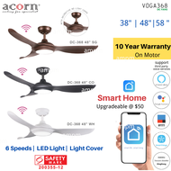 Acorn Voga DC-368 Ceiling Fan with Light LED Tri-Color Lamp DC Motor Wifi Smart Home Small 38 inch 48 inch 58 inch Strong Wind Silent With SG Local Warranty Installation Black White For Living Room Bedroom Dinning Kitchen Alexa Google Assistant XIAODU