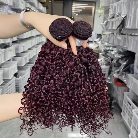 Color 99J Burgundy Red Pixie Curly Bundles Human Hair Extensions Cuticle Double Drawn Brazilian Virg