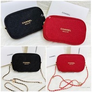 ⭐️Chanel Beauty⭐️ 金葱毛呢紅黑色化妝包 配金球條鏈改裝 收納包 斜挎包 手挽袋