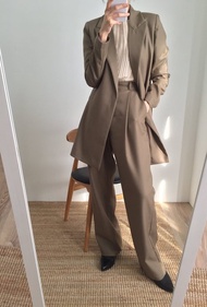 卡其色羊毛精紡西裝外套長褲西裝套裝 剩S 不拆售