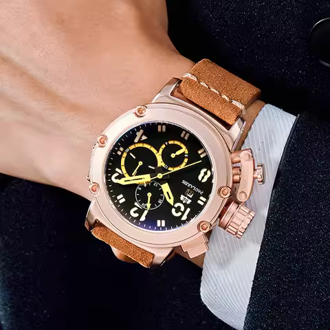 Automatic Mens Watch Self Wind Mechanical Genuine Brown Leather Multifunction Boat Limited Rose Gold
