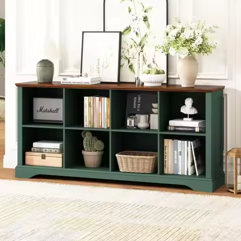 62 Long Horizontal Wooden Bookshelf with 8 Cube Storage, Ideal for Living Room, Entryway, or Office,