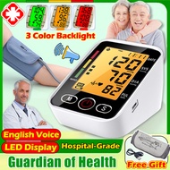 【 Free USB cable 】Original Blood Pressure Monitor Digital Medical-grade accuracy Arm Blood Pressure Pulse Monitor High-volume English Voice 3 Color Display Powered Dual Use Battery / USB sphygmomanometer