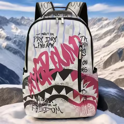 A Hip-Hop Street-Style Backpack with Spray-Painted Ground Motifs, a Stylish Outdoor Commuter Bag, a 