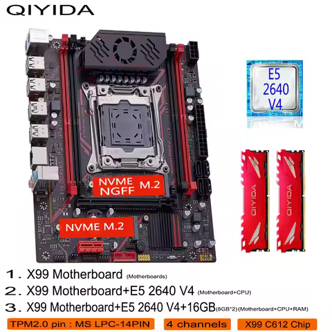 QIYIDA X99 Motherboard Set Kit With LGA2011-3 Xeon E5 2640 V4 CPU DDR4 16GB(8G*2) 4 channels memory 