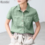 Fancystyle ZANZEA เสื้อดีไซน์ใหม่เสื้อเบลาซ์สีพื้นผ้าลินินผ้าฝ้ายผู้หญิงสำหรับผู้หญิงทรงแบ็กกี้แขนสั้นเสื้อยืดลำลอง