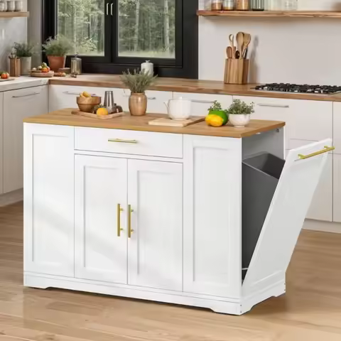 Large Rolling Kitchen Island , Portable Mobile Islands Table Long Floating for 13 Gallon Garbage Bin