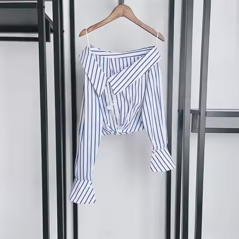 2024 Spring and Summer New Women Striped Short Sloping Shoulders Shirt / Rhinestone Wide-leg Jeans