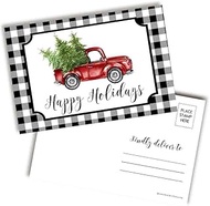 Black Plaid With Red Pickup Truck Happy Holidays Blank Postcards To Send To Friends & Family, 4"x6" 