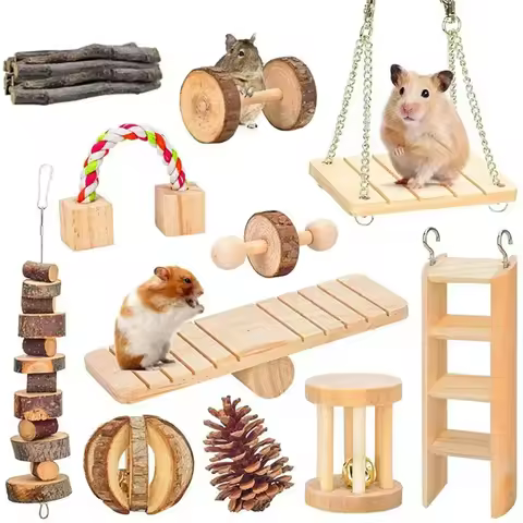 Cute Rabbit Roller Toys Natural Wooden Pine Dumbells Unicycle Bell Chew Toys for Guinea Pigs Rat Sma
