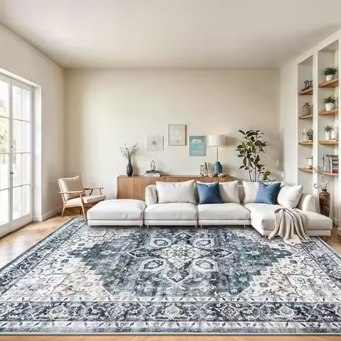 8x10 Washable Area Rug with Non-Slip Backing, Vintage Blue for Living Room, Bedroom, Dining Room